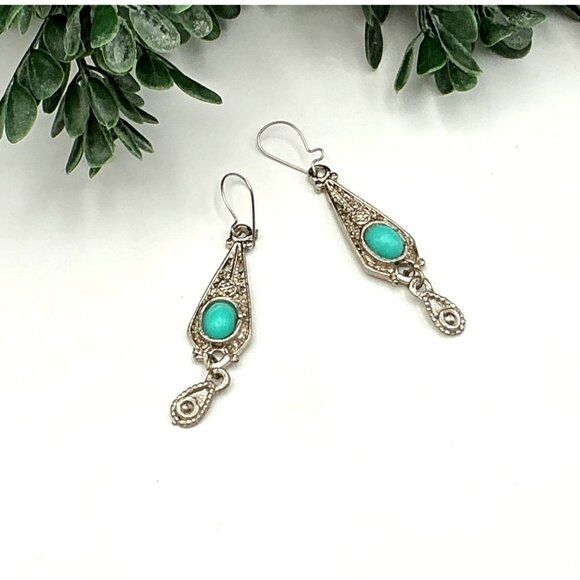 Vintage-Inspired Silver Tone Drop Earrings With Filigree Design and a Turquoise - Picture 3 of 7